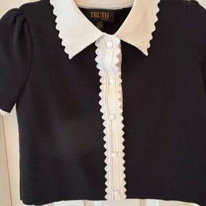 Truth Black and White Button Down Shirt with Scalloped Trim